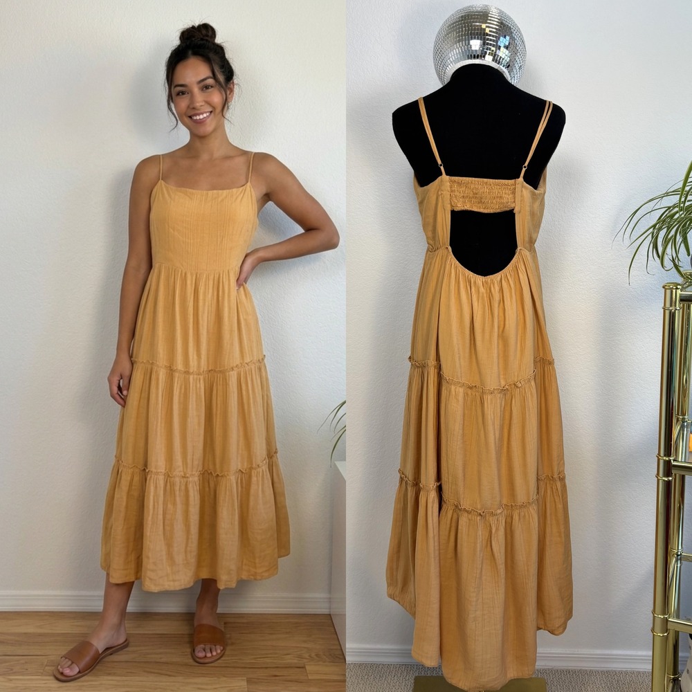 Revolve Elodie Tiered Midi Dress, Mustard Yellow Large Open Back Boho Sundress